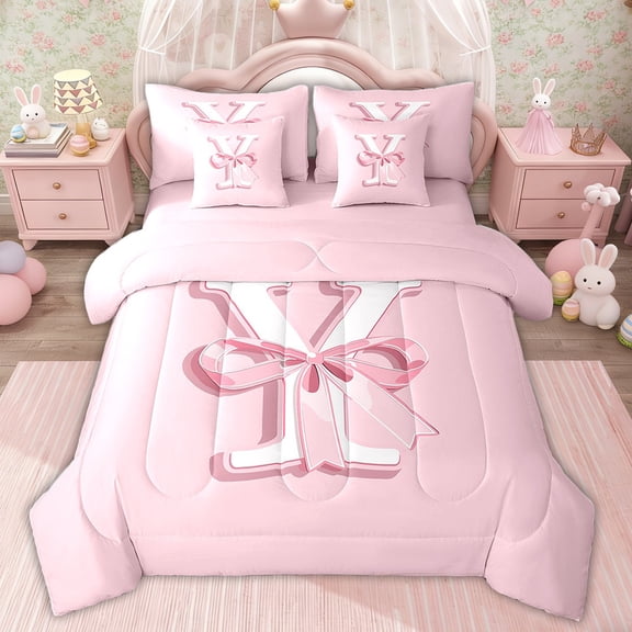 Erosebridal Kawaii Initial Letter Bedding Sets Twin Size for Girls, Monogrammed Y Comforter Sets Ribbon Bow Reversible Bed Set, 7pcs