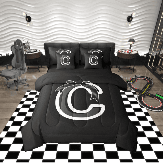 Erosebridal Kawaii Initial Letter Bedding Twin Size, Monogrammed C Bed in a Bag Twin size, Cool Ribbon Cow Reversible Bed Set, Ultra Soft Bedroom Decoration, 7pcs
