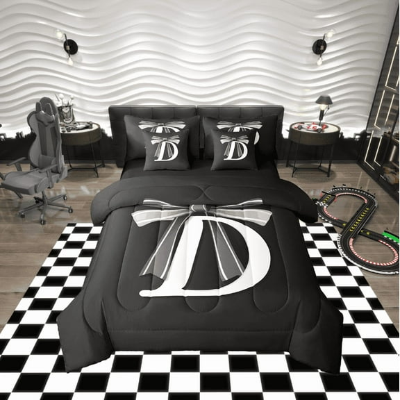 Erosebridal Kawaii Initial Letter Bedding Twin Size, Monogrammed D Bed in a Bag Twin size, Cool Ribbon Cow Reversible Bed Set, Ultra Soft Bedroom Decoration, 7pcs