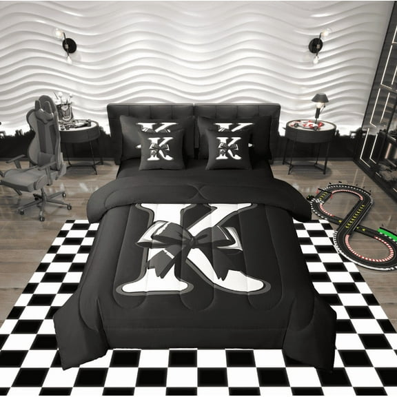 Erosebridal Kawaii Initial Letter Bedding Twin Size, Monogrammed K Bed in a Bag Twin size, Ribbon Cow Reversible Bed Set, Ultra Soft Bedroom Decoration, 7pcs