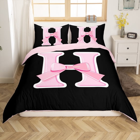 Erosebridal Kawaii Initial Letter Comforter Cover Twin, Monogrammed H Duvet Cover Twin, Ribbon Cow Reversible Bedding Twin Size, Ultra Soft Bedroom Decoration, 2pcs(No Comforter)