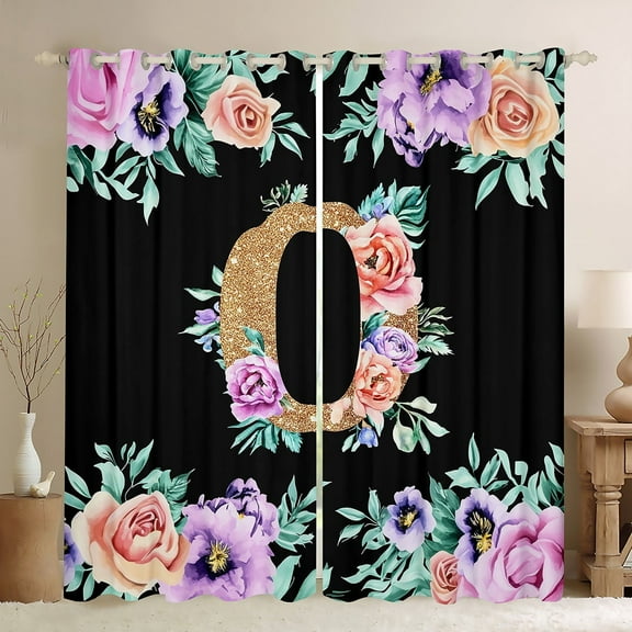 Erosebridal Kawaii Initial Letter Curtains and Drapes (42x63), Monogrammed O 30%-50% Blackout Curtains for Bedroom, Vintage Flower Curtains for Living Room, Window Drapes Bedroom Decor