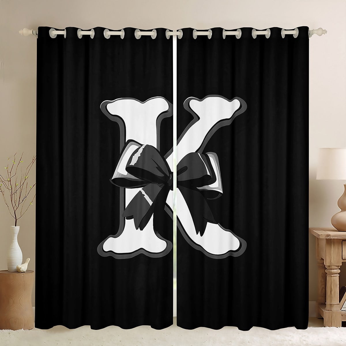 Erosebridal Kawaii Initial Letter Curtains for Living Room, Monogrammed K 30%-50% Blackout Curtains Set of 2 (38x54), Ribbon Cow Curtains and Drapes (38x54), Window Curtains Bedroom Decoration