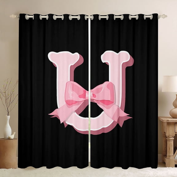 Erosebridal Kawaii Initial Letter Curtains Pack of 2 (38x54), Monogrammed U Curtains for Living Room, Ribbon Cow 30%-50% Black Out Curtains, Window Drapes Bedroom Decoration