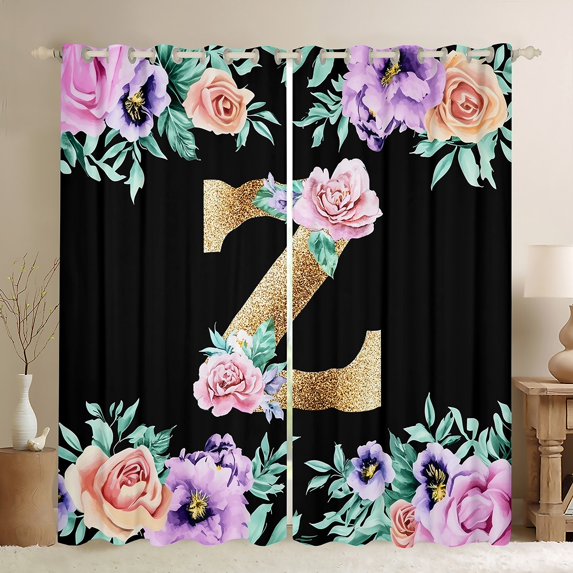 Erosebridal Kawaii Initial Letter Curtains Pack of 2 (42x90), Monogrammed Z Curtains for Living Room, Vintage Flower 30%-50% Black Out Curtains, Window Drapes Bedroom Decor