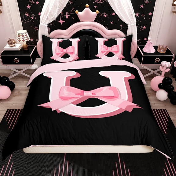 Erosebridal Kawaii U Letter Duvet Cover Twin for Kids, Black Pink Princess Bowknot Reversible Bedding Sets Twin Size, 2pcs(No Comforter)