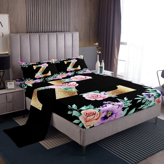 Erosebridal Kawaii Initial Letter Twin Sheet Sets, Monogrammed Z Bedding Twin Size, Vintage Flower Bed Sheets Twin, Super Cozy Bedroom Decor, 3pcs