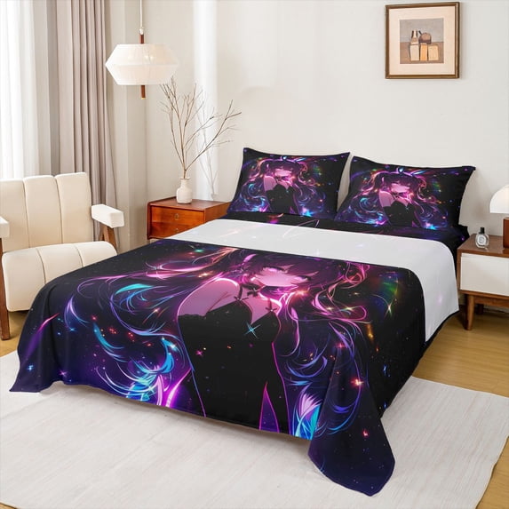 Erosebridal Kawaii Japanese Girl Bed Sheets,3D Japanese Girl King Sheets For Kids 4 Pieces