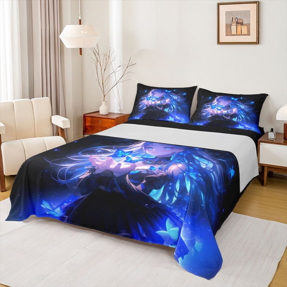 Erosebridal Kawaii Japanese Girl Full Size Sheets,Blue Wild Butterfly Bed Sheets For Kids 4 Pieces