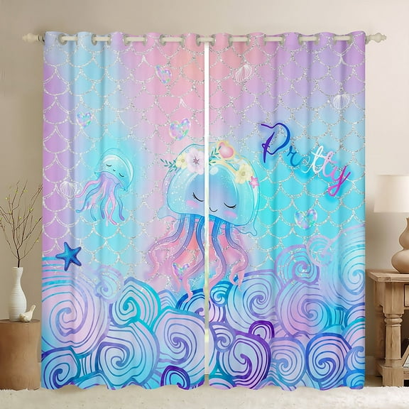 Erosebridal Kawaii Jellyfish Curtains,Purple Teal Mermaid Tail Scale Curtains Bedroom Decor,Seashell Starfish Sea Animal Curtains Ocean Wave Window Curtains 2 Panels (38Wx54L)