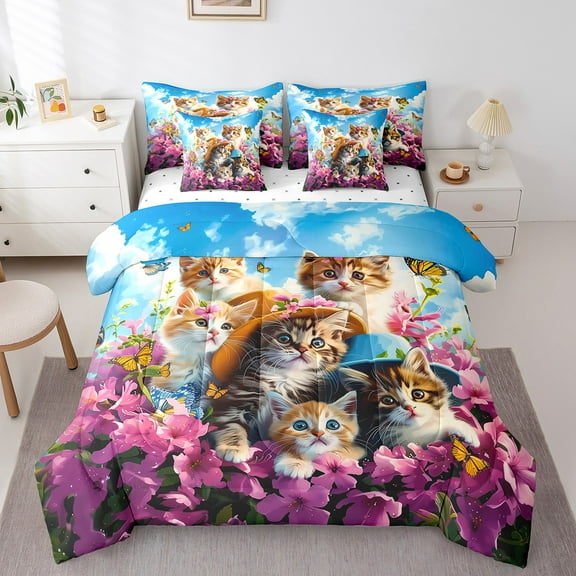 Erosebridal Kawaii Kitten Bedding Twin Size, Cute Cat Comforter Sets with Sheets, Spring Garden Pink Flower Bedroom Decor, Reversible 7pcs