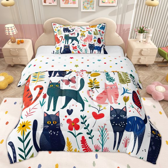 Erosebridal Kawaii Kitten Cat Twin Comforter Sets for Kid, Cartoon Flower Plant Bedding Set, 2pcs