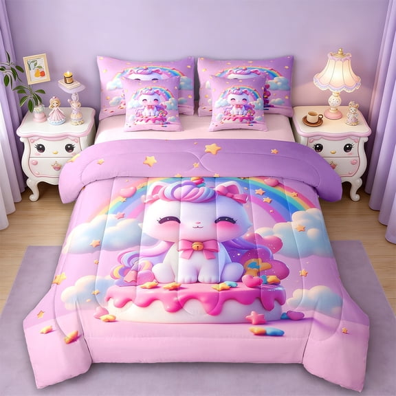 Erosebridal Kawaii Kitten Unicorn Bed in a Bag Twin Size,3D Rainbow Stars Clouds Bed Set,Pet Animal Bedding Twin Size,Super Cozy Room Decorative Reversible,7 Pieces