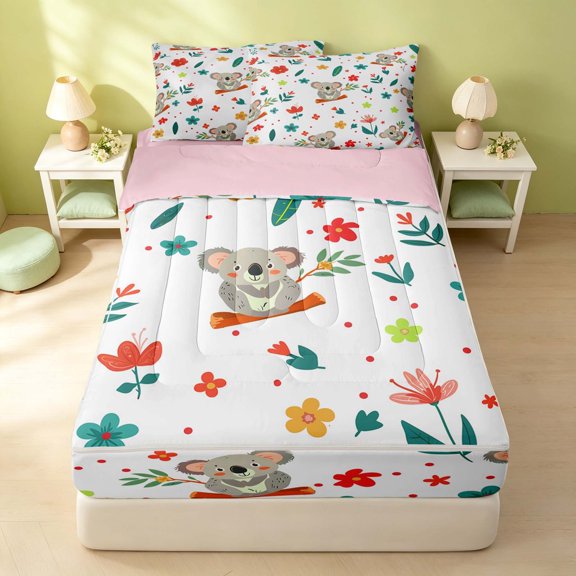Erosebridal Kawaii Koala Zipper Twin Comforter Sets with Fitted Sheet and 2 Pillowcases, Cute Animal Blossom Zipper Bedding Set, Pink Reversible, Ash Gray Koala, Pink Reversible