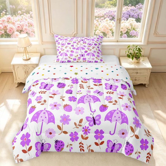 Erosebridal Kawaii Ladybug Twin Comforter Sets,Cute Flower Butterfly Bedding Set,Pink Purple,Polkadot Reversible,2pcs,1 Comforter and 1 Pillowcase