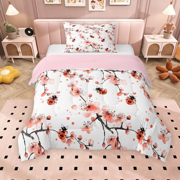Erosebridal Kawaii Ladybug Twin Comforter Sets for Kids, Pink Floral Flower Bedding Set, Pink Reversible, 2pcs