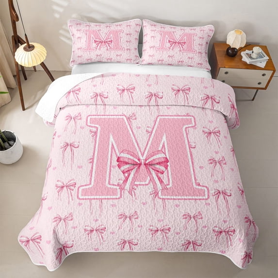 Erosebridal Kawaii Letter M Quilt King for Girls, Watercolor Bow Print King Coverlet Set, 3pcs