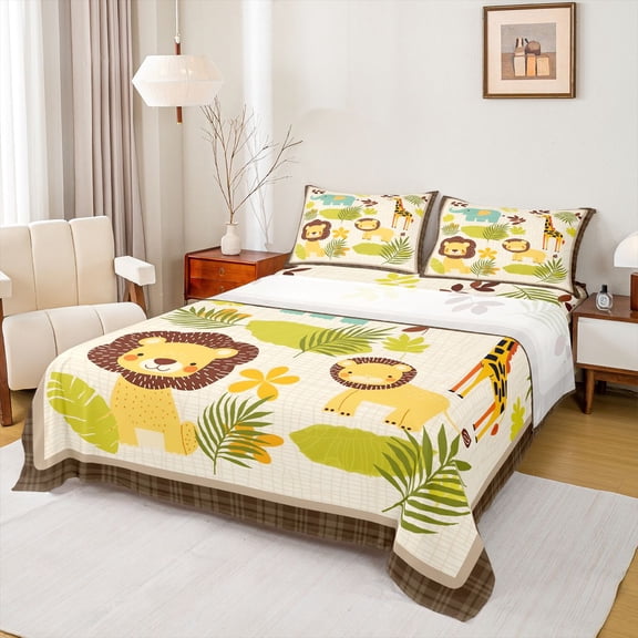 Erosebridal Kawaii Lion Kids Bed Sheets, Jungle Wildlife King Sheets, 4pcs