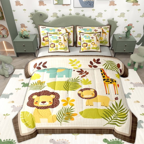 Erosebridal Kawaii Lion Kids Bedding Comforter Set 7pcs, Jungle Wildlife King Bedding Sets
