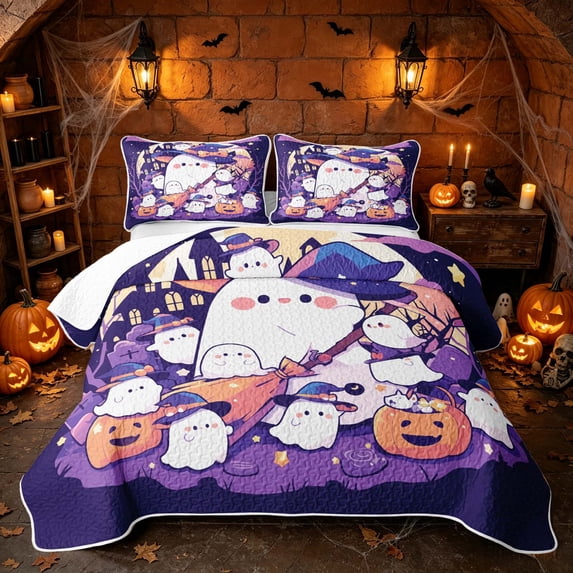 Erosebridal Kawaii Little Ghost Twin Quilt Set, Halloween Haunted House Twin Coverlet Set for Boys Girls, Purple White Orange, 2 Pieces 1 Bedspread and 1 Pillowcase
