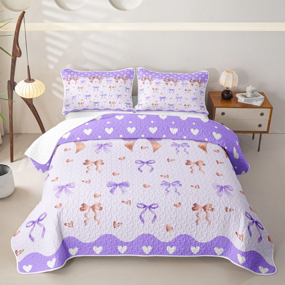 Erosebridal Kawaii Love Heart Bow Bed Spread Queen for Women Girls, Cartoon Princess Ribbon Queen Coverlet Set, 3pcs