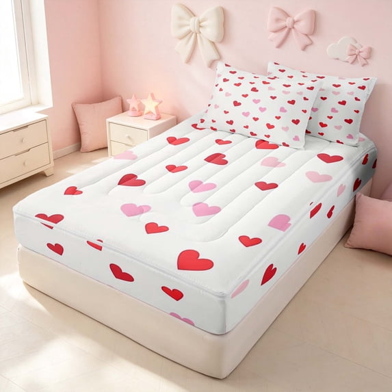 Erosebridal Kawaii Love Hearts Zipper Twin Comforter Sets with Fitted Sheet and 2 Pillowcases for Girls, Romantic Theme Zipper Bedding Set, Pink Reversible