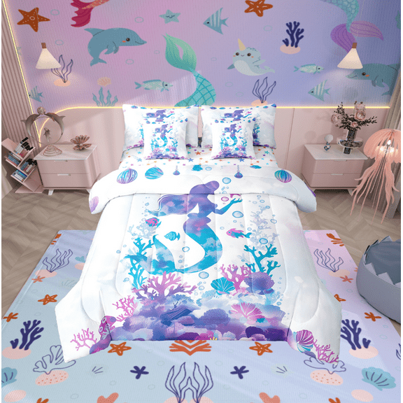 Erosebridal Kawaii Mermaid Bedding Twin Size, Princess Bedding Sets Twin Size, Dreamy Ocean Reversible Bed Set, Ultra Soft Room Decoration, 7 Pieces