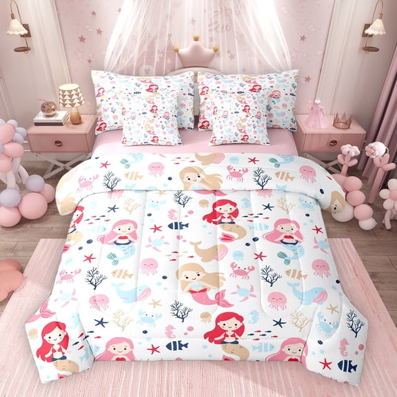 Erosebridal Kawaii Mermaid Twin Bedding Sets for Kids Girls, Ocean Fish Jellyfish Bedding Comforter Set, Pink Reversible, 7pcs