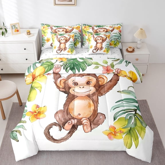 Erosebridal Kawaii Monkey Bed in a Bag Full size, Tropical Palm Floral Bed Set, Animal Decor, Reversible 7pcs