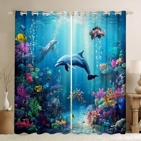 Erosebridal Animal Dolphin Curtains for Living Room,Underwater World 30%-50% Blackout Curtains Set of 2 (38x45),Ocean Decoration