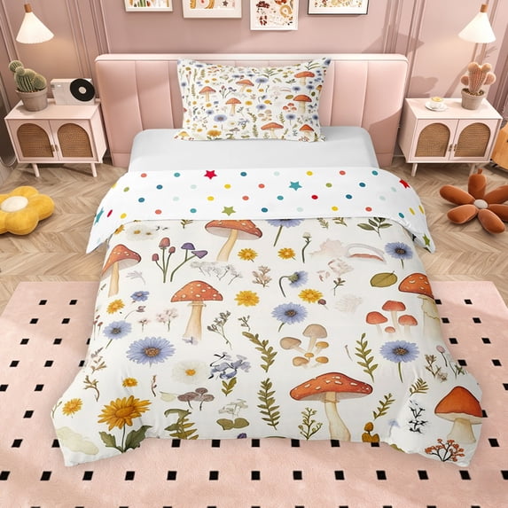 Erosebridal Kawaii Mushroom Twin Bedding for Girls, Garden Daisy Dandelion Flower Duvet Cover Set, Polka Dots Reversible, 2pcs 1 Duvet Cover and 1 Pillowcase, No Comforter