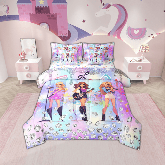 Erosebridal Kawaii Musician Bed in a Bag Twin size, Princess Bed Set, Bling Diamond Reversible Bedding Twin Size, Breathable Room Decor, 7-Piece