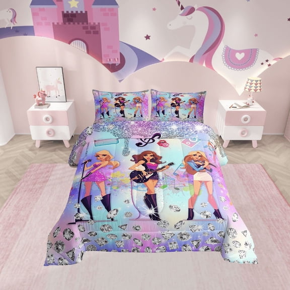 Erosebridal Kawaii Musician Bedding Sets Twin with Comforter, Princess Duvet Insert, Bling Diamond Reversible Comforters & Duvets, Breathable Room Decor, 2-Piece