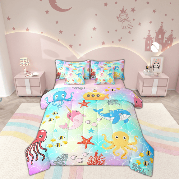 Erosebridal Kawaii Octopus Bedding Sets Twin Size, Cartoon Whale Starfish Comforter Sets with Sheets, Colorful Scale Reversible Bedding Twin Size, Microfiber Room Decorative, 7pcs