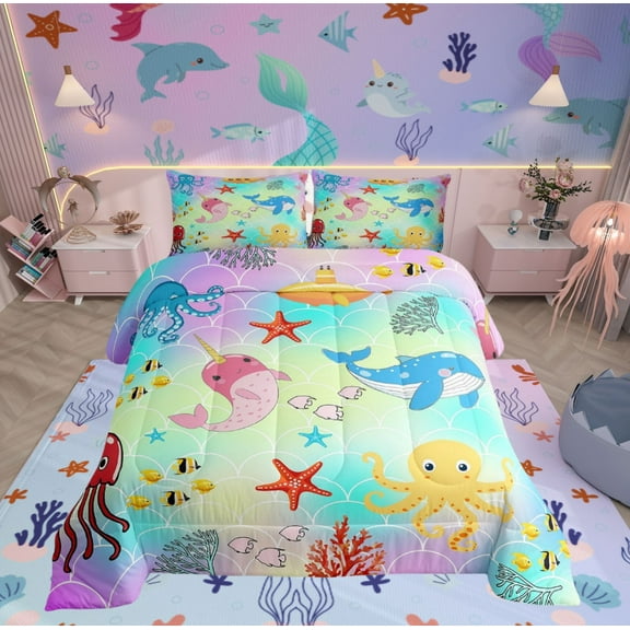 Erosebridal Kawaii Octopus Bedding Twin Comforter Set, Cartoon Whale Starfish Down Comforter, Colorful Scale Reversible Comforter Sets Twin Size, Microfiber Room Decorative, 2pcs