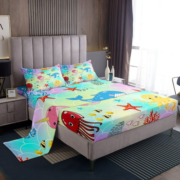 Erosebridal Kawaii Octopus Sheet Set Twin, Cartoon Whale Starfish Bedding Sets Twin Size, Colorful Scale Twin Sheet Sets, Microfiber Room Decorative, 3pcs