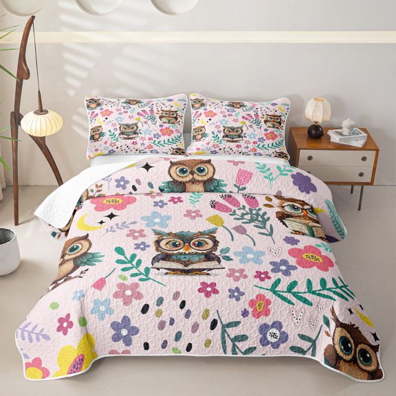 Erosebridal Kawaii Owl Bed Spread Queen for Girls, Cute Wildlife Queen Coverlet Set, 3pcs 1 Quilt and 2 Pillowcases