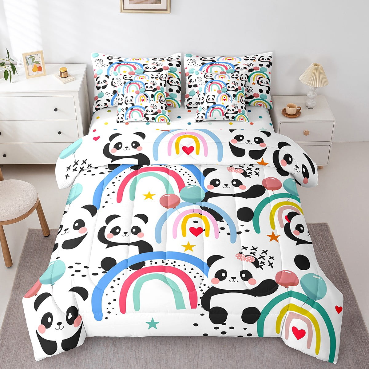 Erosebridal Kawaii Panda Bed in a Bag Full size,Rainbow Balloon Bed Set ...