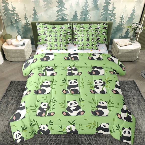 Erosebridal Kawaii Panda Bed in a Bag Twin Size,Zoo Animal Theme Bed Set,Green Leaves Bedding Twin Size For Boys Kids,Super Cozy Bedroom Decoration Reversible,7 Pieces
