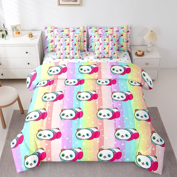 Erosebridal Kawaii Panda Bed in a Bag Full size, Rainbow Star Bed Set, Cartoon Animal Decor, Reversible