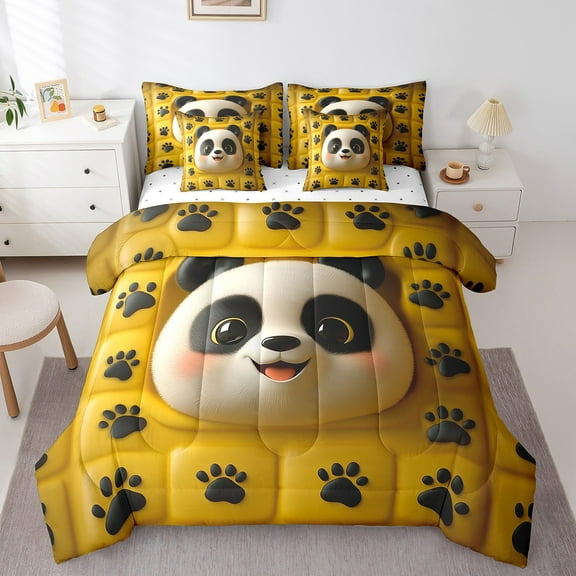 Erosebridal Kawaii Panda Bed in a Bag Twin Size, 3D Print Animal Wildlife Bed Set, Yellow Room Decor, Reversible 7 Pieces