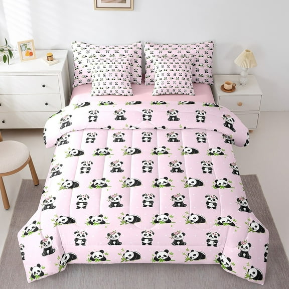 Erosebridal Kawaii Panda Bed in a Bag Twin Size , Cartoon Animal Wildlife Bed Set, Reversible 7 Pieces