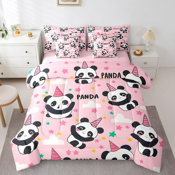 Erosebridal Kawaii Panda Bedding Full Size, Pink Animal Bedding Sets Full Size, Cartoon Theme Decor, Reversible 7pcs