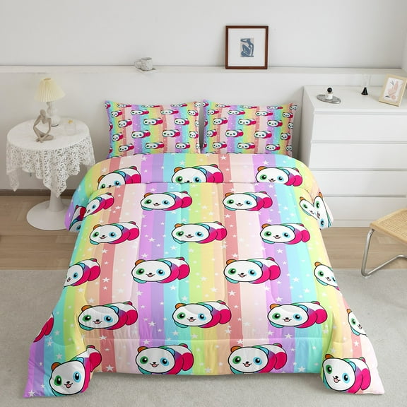 Erosebridal Kawaii Panda Bedding Sets Full with Comforter, Rainbow Star Duvet Insert, Cartoon Animal Decor, Super Cozy