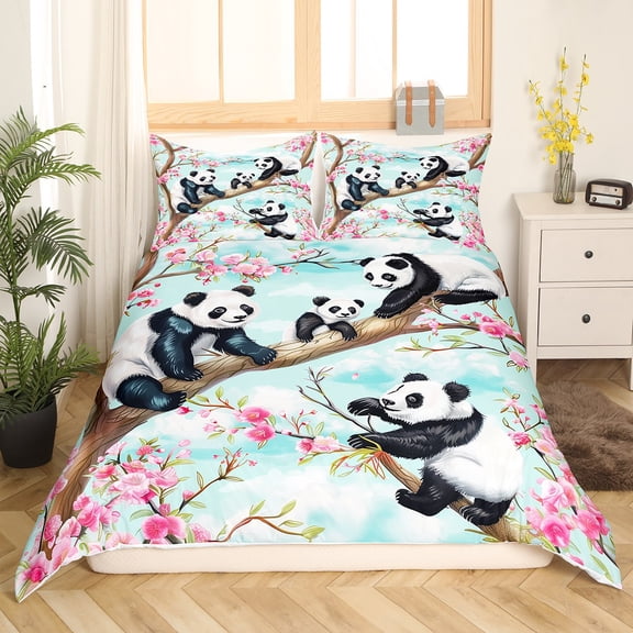 Erosebridal Kawaii Panda Duvet Cover Full,Cherry Blossom Comforter Cover Full,Cartoon Animal Bedding Full Size,Microfiber Floral Bedroom Decorative,3pcs(No Comforter)