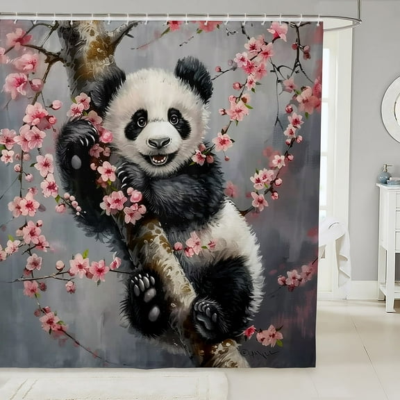 Erosebridal Kawaii Panda Shower Curtain 72x72,Cherry Blossom Flower Bath Curtain,Animal Decor