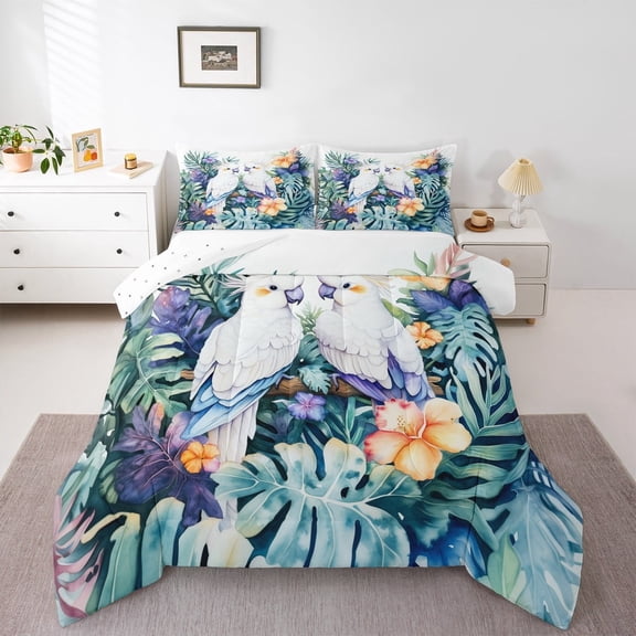 Erosebridal Kawaii Parrot Comforter Sets Full Size, Jungle Bird Comforters & Duvets, Green Palm Leaves Reversible Bedding Full Comforter Set, Super Cozy Bedroom Decoration, 3pcs