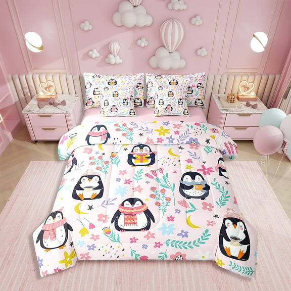 Erosebridal Kawaii Penguin Bed in a Bag Twin size 7pcs, Arctic Animal Comforter Sets with Sheets, Reversible