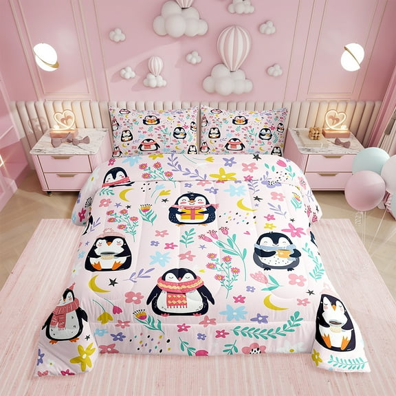 Erosebridal Kawaii Penguin Bedding Twin Comforter Set, Arctic Animal Duvet Insert, Reversible 2 Pieces