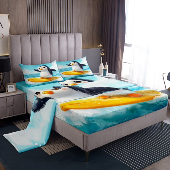 Erosebridal Kawaii Penguin Sheet Set Twin,Marine Surfing Bedding Sets Twin Size,Kawaii Wildlife Twin Sheet Sets,Lightweight Cartoon Room Decorative,3pcs